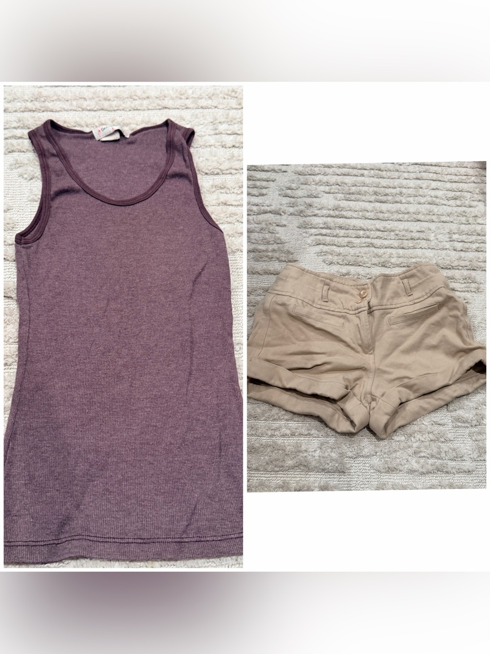 Brown Ribbed Tank Top & Khaki Roll-Cuff Shorts Bundle